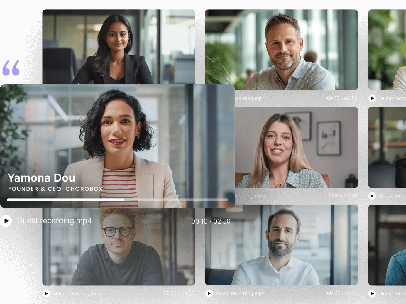 Video call interface showing six diverse professionals in separate frames, with one highlighted featuring Yamona Dou, Founder & CEO of Chorobox.